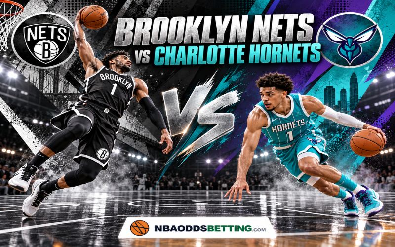 Brooklyn Nets vs Charlotte Hornets matchup artwork with basketball players in black and teal uniforms