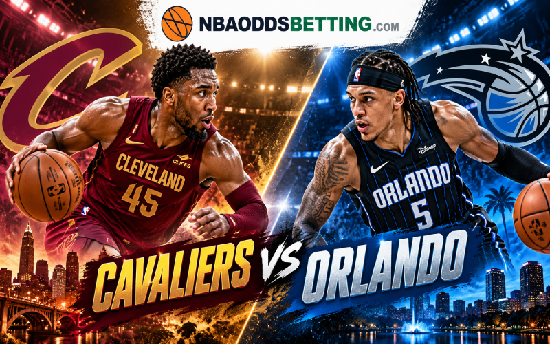 Illustrative Cavaliers vs Orlando basketball matchup graphic with team logos and players