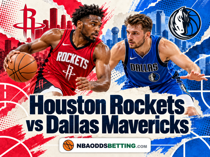 Illustrative Houston Rockets versus Dallas Mavericks matchup artwork in red and blue
