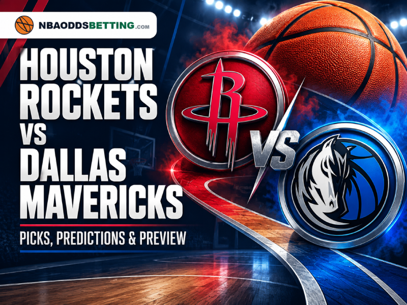 Houston Rockets vs Dallas Mavericks picks, predictions and preview with team logos and a basketball