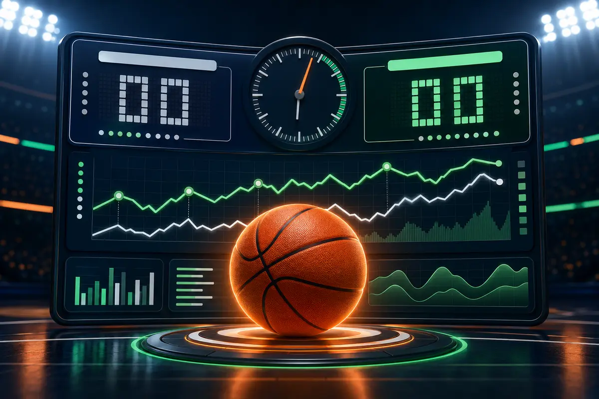 Live basketball game dashboard with score panels, clock and moving market charts