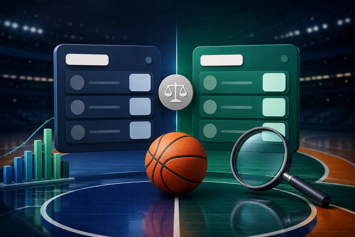 Basketball odds comparison panels with a magnifying glass and market charts