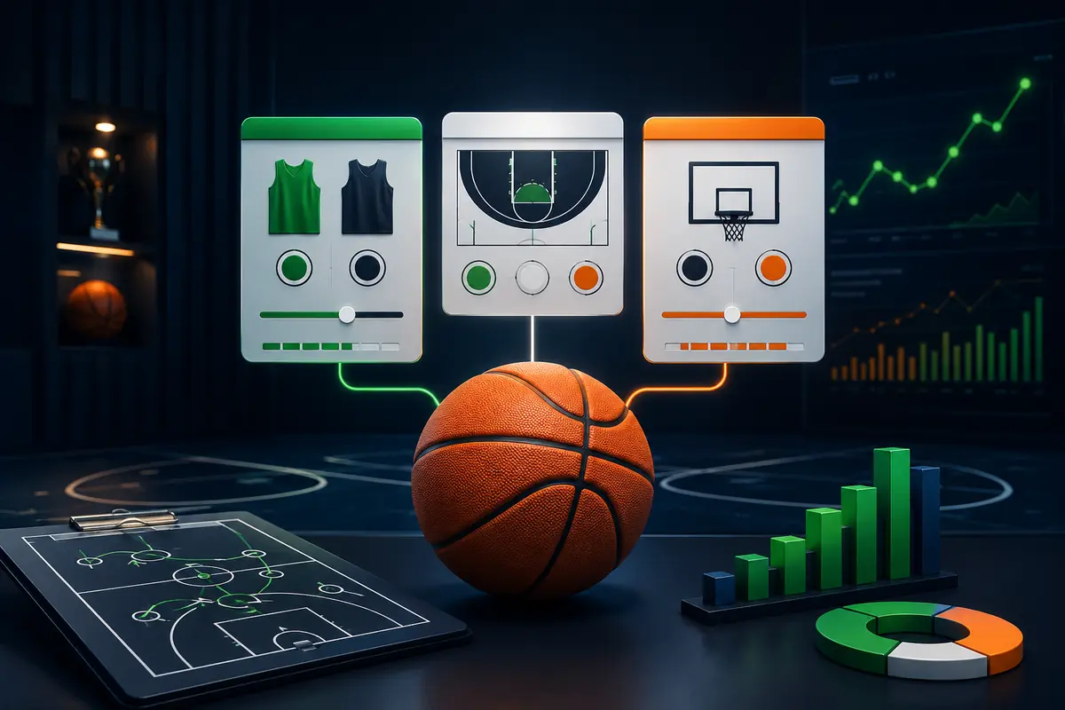 Basketball odds education illustration with three market cards and analytics charts