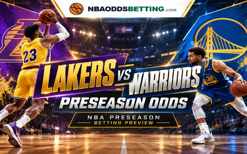 Lakers vs Warriors preseason odds preview illustration with players in team colors