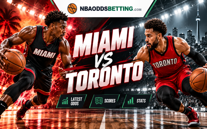 Miami vs Toronto basketball matchup illustration with team-themed players and city backgrounds