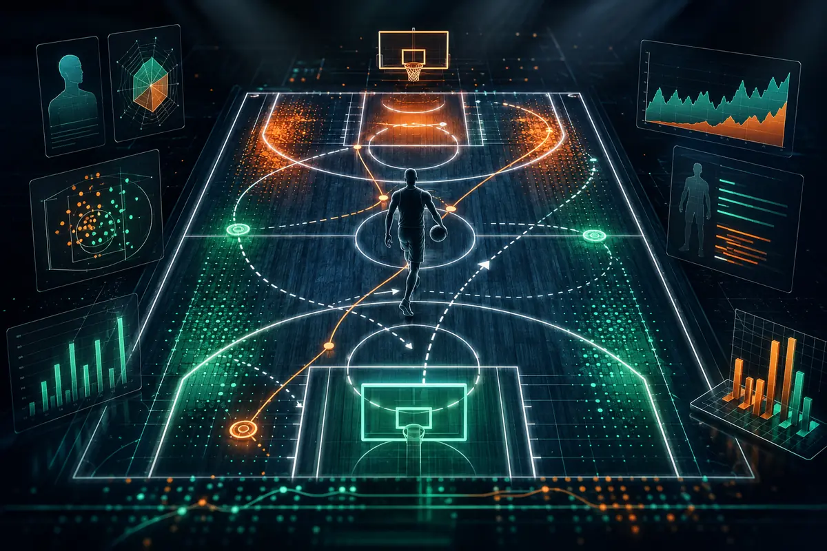 Basketball court analytics illustration with shot zones, possession paths and charts