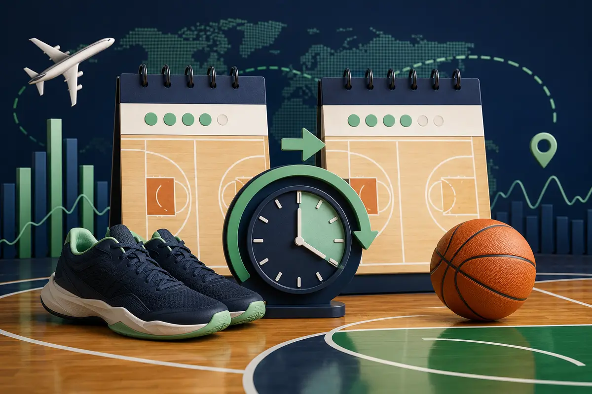 Consecutive basketball game dates with travel, footwear and recovery-clock indicators