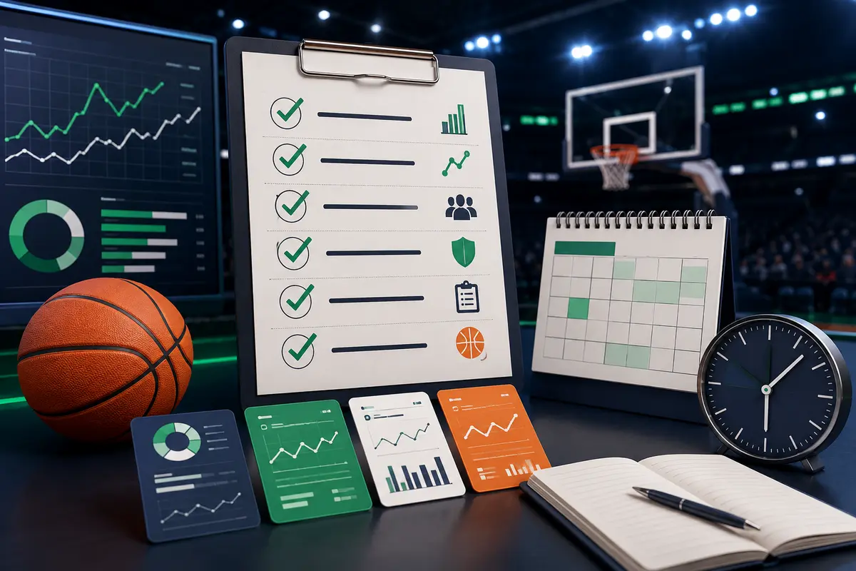 NBA game-day odds checklist with a calendar, clock and basketball market panels