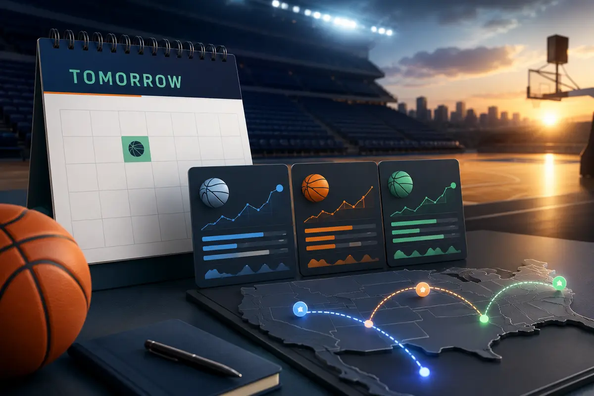 Next-day NBA research desk with a calendar, arena and early market charts