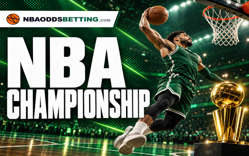NBA championship artwork with a dunking basketball player, a gold trophy and green arena lights