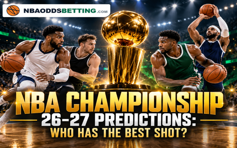 NBA Championship 26-27 Predictions: Who Has the Best Shot? Basketball players and a championship trophy in an arena