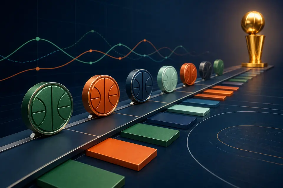 Generic team tokens moving through a season timeline toward a championship goal