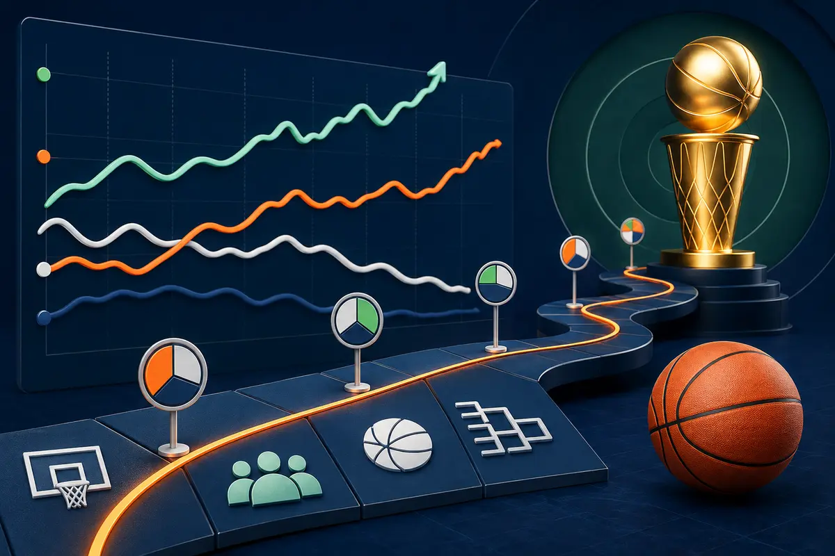 Season-long basketball path with changing probabilities leading to a championship trophy