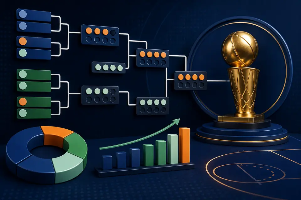 Playoff bracket and series markers leading toward a basketball championship trophy