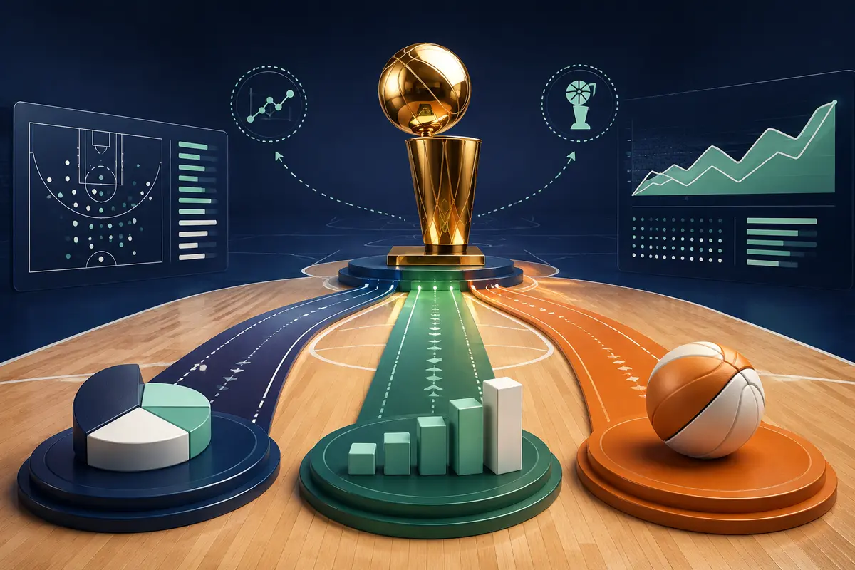 Basketball championship trophy connected to game, series and futures pathways