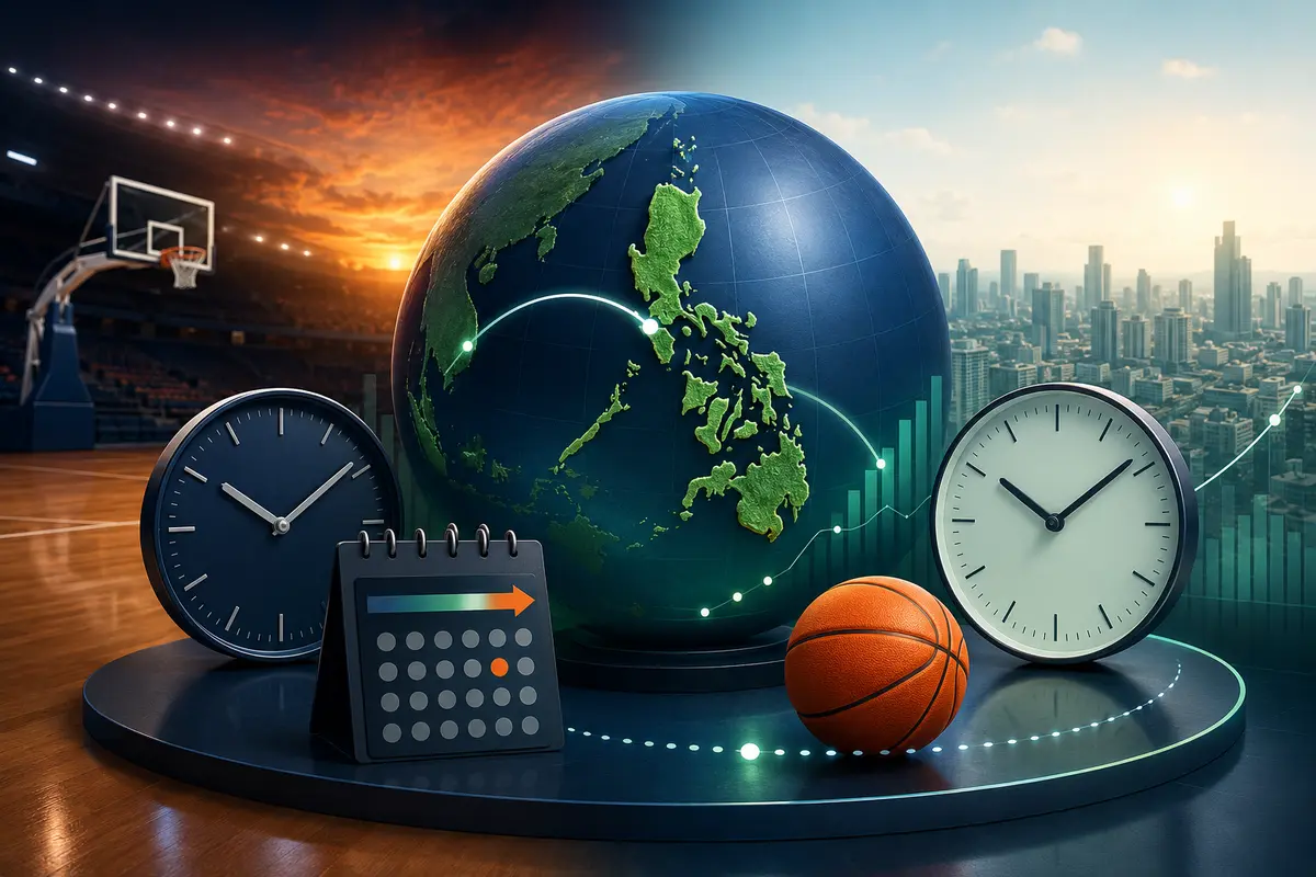 Philippines time-zone guide with a globe, two clocks, calendar and basketball arena