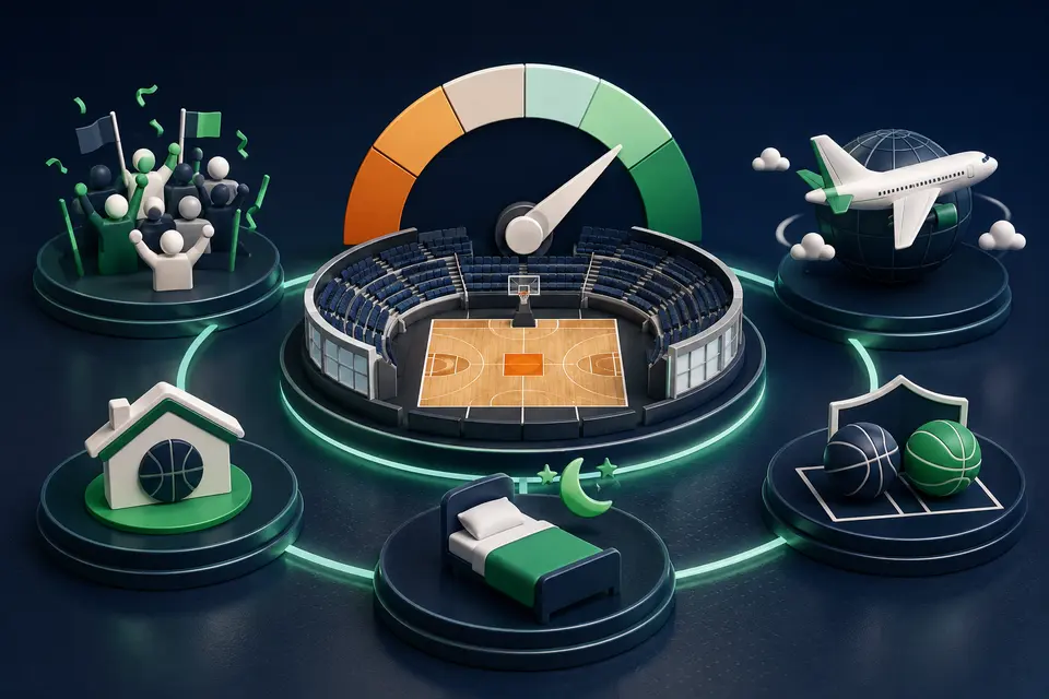 Home-court factor board combining venue, travel, rest, crowd and matchup context