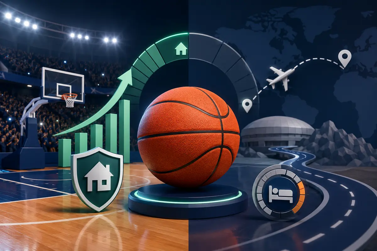 Illuminated home basketball court with venue, crowd, travel and rest indicators