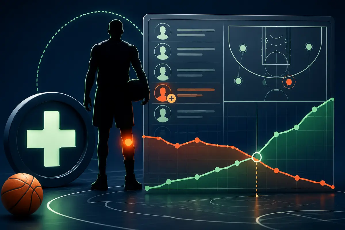 Anonymous basketball player with a medical symbol, lineup board and changing market graph