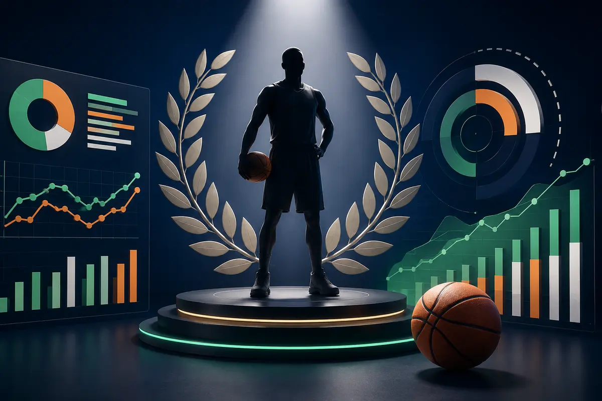 Anonymous basketball player in a spotlight with season-performance analytics