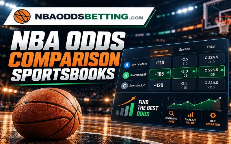NBA odds comparison illustration with a basketball and sample prices from three sportsbooks