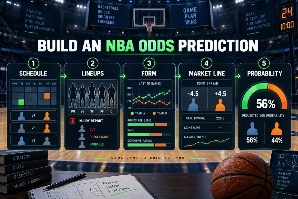 Five-step NBA odds prediction process using schedule, lineups, form, market line and probability