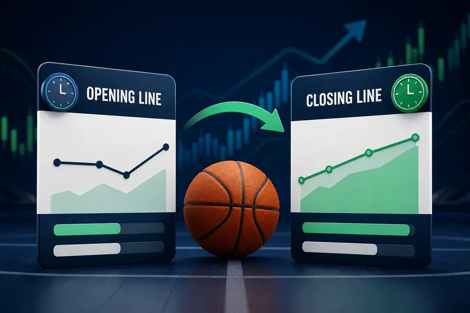 Before-and-after NBA line cards with timestamps and a directional graph