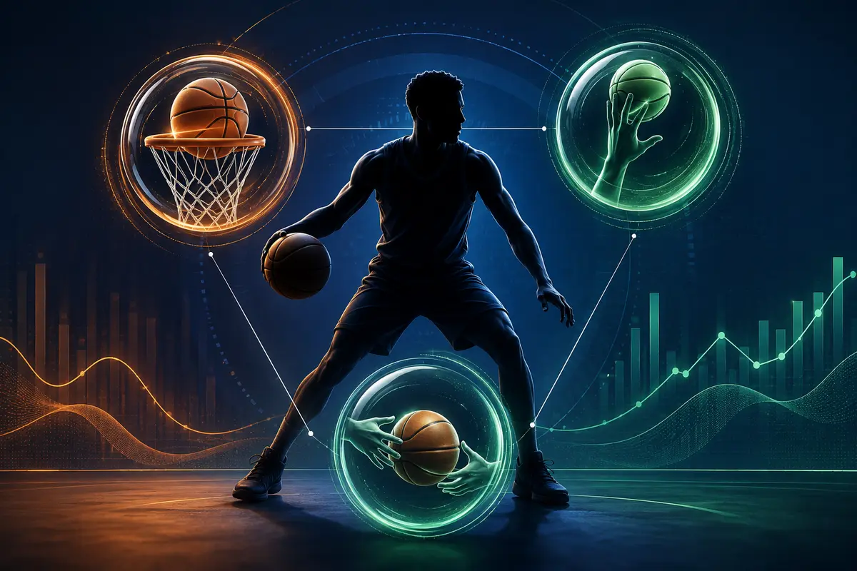 Anonymous basketball player surrounded by scoring, rebounding and passing analytics