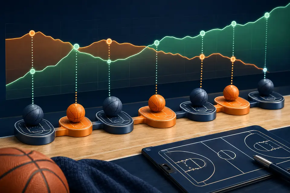 Series pathway with alternating home-court markers and changing probability curves