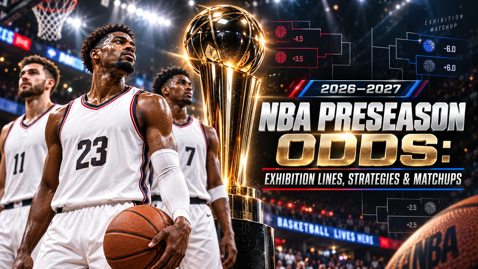 NBA preseason basketball players and trophy illustration