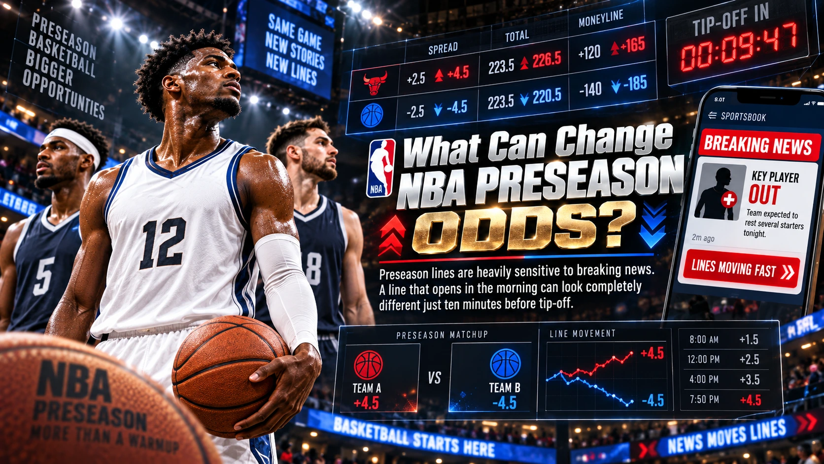 Basketball players, preseason line movement and player availability illustration