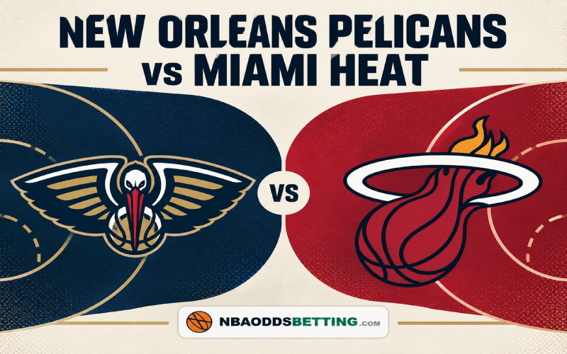 New Orleans Pelicans and Miami Heat team logos on a navy and red basketball court graphic