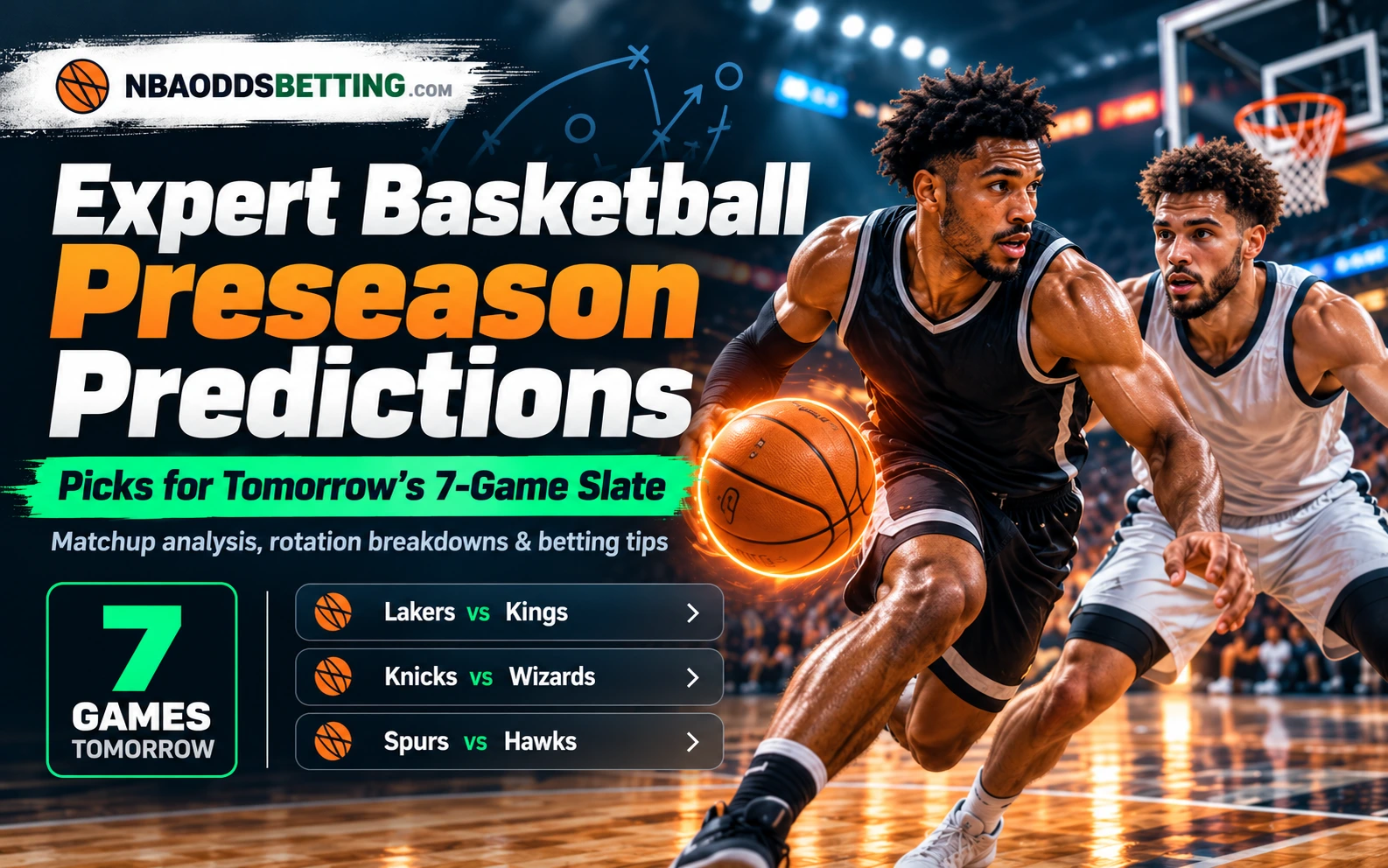 NBAOddsBetting basketball preseason predictions banner featuring players and the seven-game slate