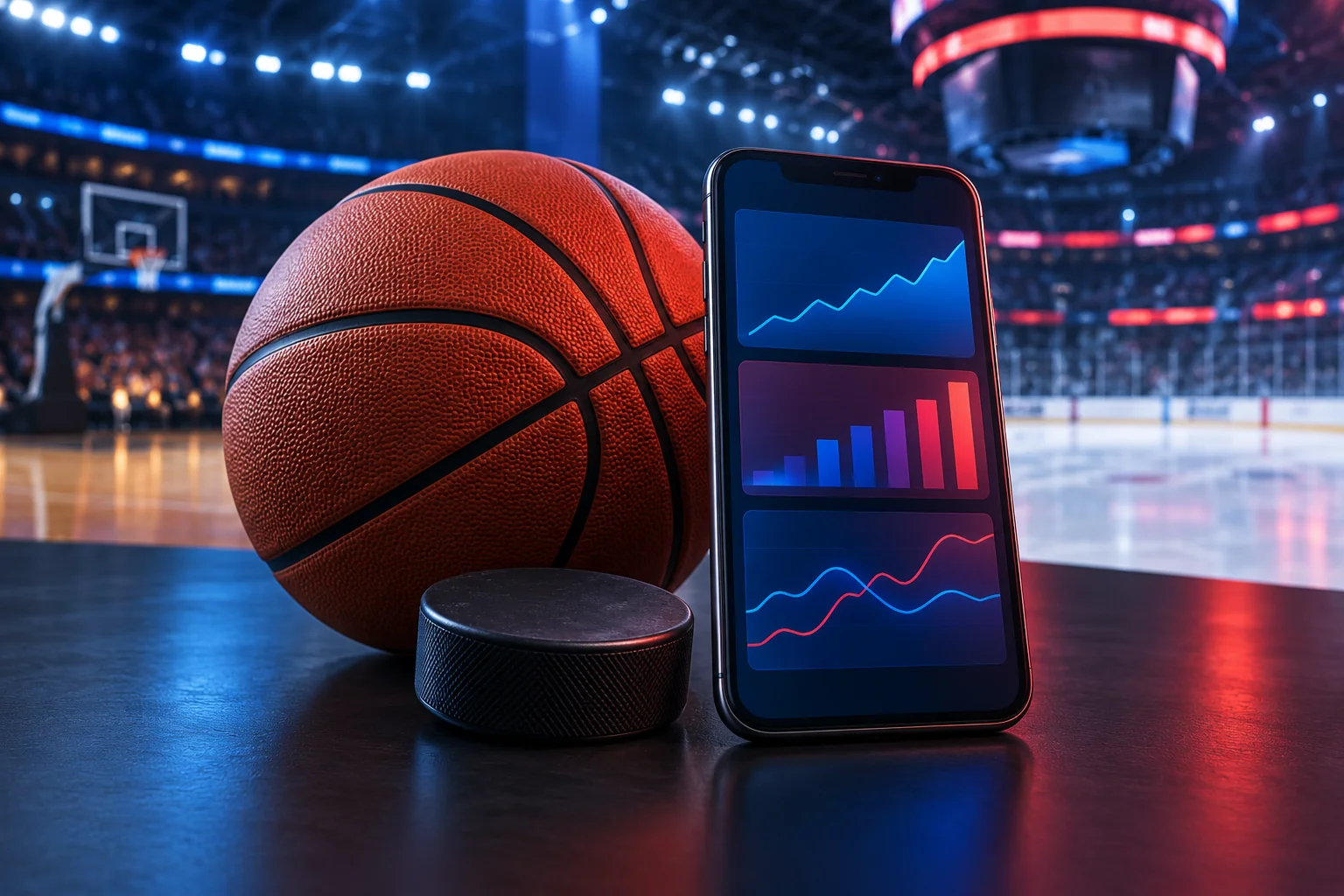 Basketball, hockey puck and smartphone with abstract sports charts